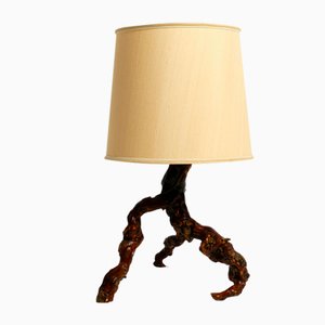 Large German Root Wood Table Lamp with a Large Silk Shade, 1960s