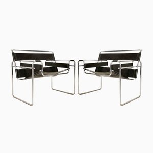 Wassily Armchairs in Black Leather by Marcel Breuer for Knoll Inc. / Knoll International, 1970s, Set of 2