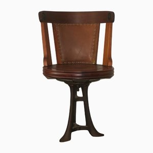 Revolving Nautical Desk Chair in Teak, Leather and Iron