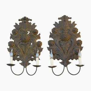French Floral Wall Lights in Tôle Repoussé, Set of 2