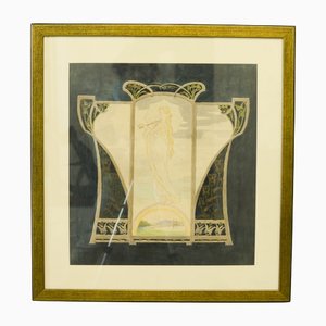 Art Noveau Drawing, 1900s, Watercolor on Paper, Framed