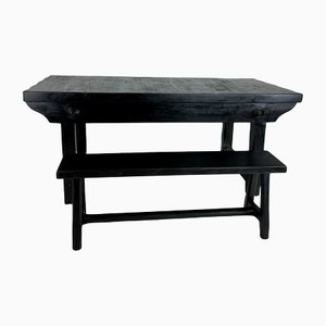 Wabi-Sabi Style Table and Two Benches in Solid Elm, Set of 3