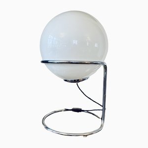 Lampada da tavolo Space Age vintage con struttura cromata e sfera in vetro decapato, anni '60