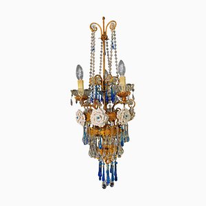 Chandelier with White Roses and Blue Drops, Murano, 1950s