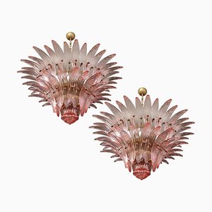 Lámparas de araña italianas con hojas rosadas de Murano. Juego de 2
