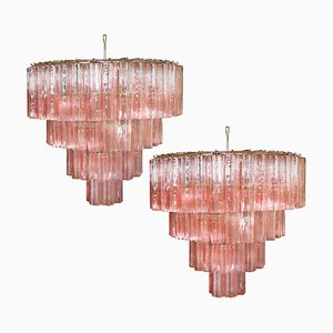 Lámparas de araña Tronchi italianas con 78 vasos rosas de cristal de Murano, 1990. Juego de 2