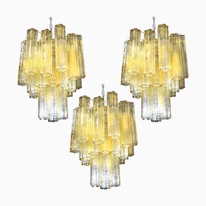 Lámparas de araña tube de cristal de Murano dorado, años 70. Juego de 3