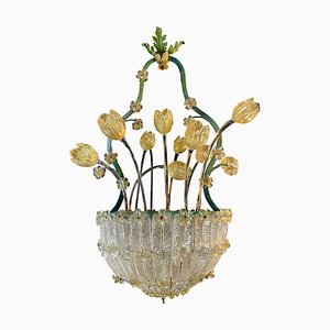 Lampadario a fiori in vetro con inclusioni dorate, anni '50