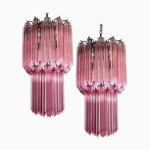 Pink Prism Glass Chandeliers from Triedri, Murano, Set of 2