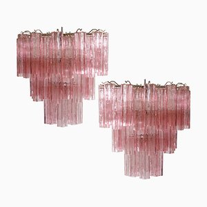 Lámparas de araña Tronchi estilo Toni Zuccheri con 48 vasos rosa de Murano, 1990. Juego de 2