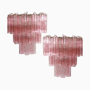 Lampadari Tronchi con 48 bicchieri rosa nello stile di Toni Zuccheri, Murano, 1990, set di 2