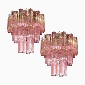 Lampadari Tronchi con 48 bicchieri rosa nello stile di Toni Zuccheri, Murano, 1990, set di 2
