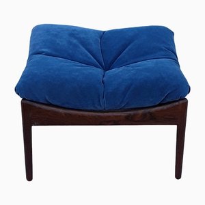 Square Scandinavian Stool with a Rosewood Frame and Blue Fabric Cover, 1960s