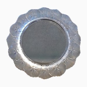 French Crystal Glass Plate with Frosted Flower Wreath and Polished Base from Lalique, 1970s