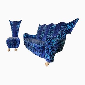 Gilded Velvet Couch & Lounge Chair in Azure Blue with Rose Feet from Bretz, Set of 2