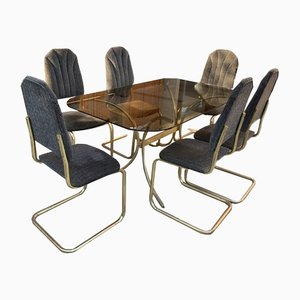 Vintage Italian Dining Chairs and Table in Brass, 1970s, Set of 7