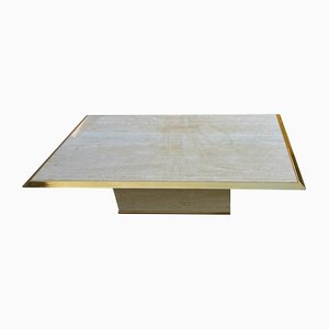 Table Basse Rectangulaire 23K en Laiton Doré et Travertin, Belgique