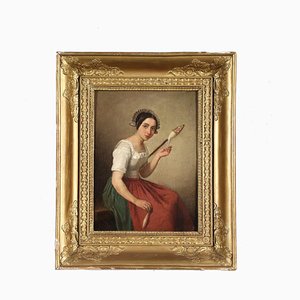 The Spinner, XIX secolo, olio su tela, con cornice