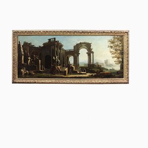 Architectural Whim with Figures, 18th-Century, Oil on Canvas, Framed