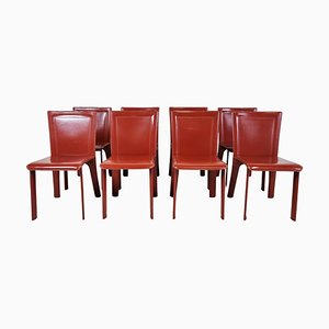 Italienische Vintage Esszimmerstühle aus rotem Leder, 1980er, 8er Set
