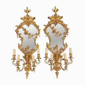 Paired Bronze Sconces with Mirrors, Set of 2