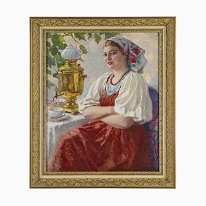 M. Maksolly, mujer con un samovar, óleo sobre lienzo, enmarcado