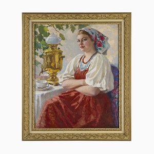 M. Maksolly, Woman with a Samovar, Oil on Canvas, Framed