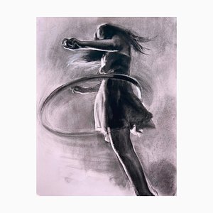 Girl and Hula Hoop, 2021, Charcoal Drawing on Paper