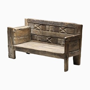 French Rustic Graphical Bench with Arm Rests, 1800s