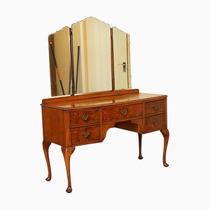 Art Deco Burr Walnut Dressing Table with Trifold Mirrors & Queen Anne Legs