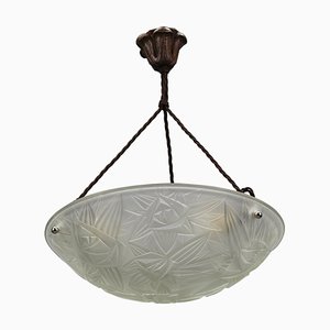 Art Deco Frosted Glass Pendant Light by Jean Noverdy, France, 1930s