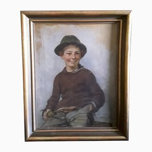 Retrato de un niño sentado, década de 1900, óleo sobre cartón