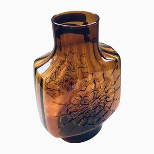 Bernsteinfarbene Niedrige Starburst Vase aus Glas von Empoli, Italien, 1960er