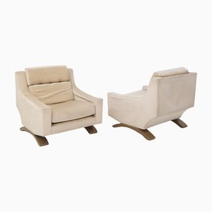 Vintage Italian Beige Velvet and Wood Armchairs, Set of 2
