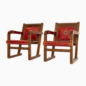 Red Leather & Wood Armchairs, 1930s, Set of 2