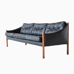 Scandinavian Sofa in Rosewood and Black Leather, Denmark, 1960