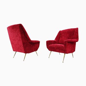 Italian Lounge Chairs in Red Velved, 1950s, Set of 2