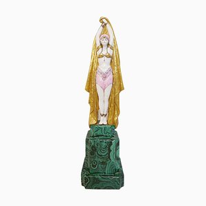Art Deco French Porcelain Antinéa Statue with Malachite Style Base, 1968