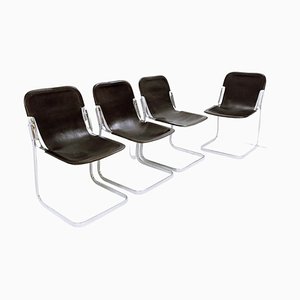 Black Leather and Chrome Chairs, Set of 4