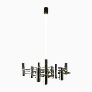 Lámpara de araña de metal cromado con 13 luces de Gaetano Sciolari