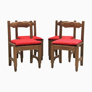 French Red Fabric Solid Oak Chairs by Guillerme et Chambron, 1980s, Set of 4