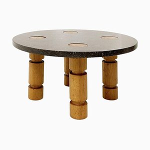 Blue Stone Top Round Coffee Table with Wooden Legs