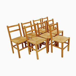 Elm and Straw Seat Dining Chairs, 1950s, Set of 6