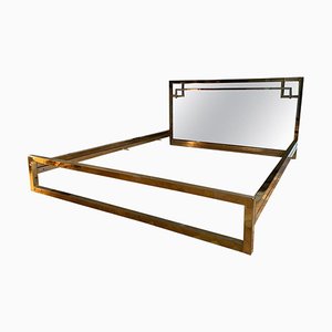 Mid-Century Gilded Metal and Bronze Mirror Headboard Bed from Belgo Chrome, 1970s