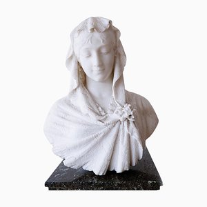 Cesare Lapini, Alabaster Bust of a Woman in Lace Shroud, Signed and Dated 19th, Set of 2