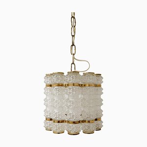 Lustre Cylindrique en Laiton et Cristal par Tyringe pour Orrefors, Suède