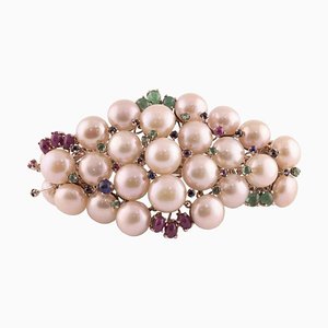 Brazalete de oro rosa y plata con perla, rubí, esmeralda, zafiro y diamante