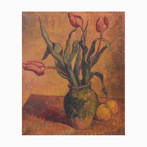 Bodegón con tulipanes, siglo XX, óleo sobre lienzo, enmarcado