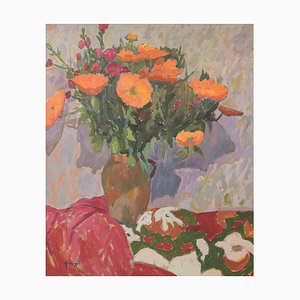 Jose María Armengol Farré, Nature Morte Post-impressionniste avec Fleurs Orange, 20ème Siècle, Huile sur Toile, Encadrée