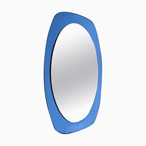 Mid-Century Oval Italian Wall Mirror with Blue Glass Frame from Cristal Art, 1960s